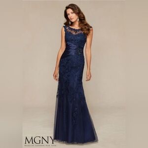 NWT Size 14 MGNY Morilee Navy Lace & Embellished Gown